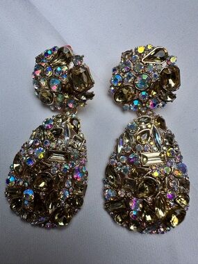 2.75” Gold Crystal Drop Statement Earrings - Iridescent Accents